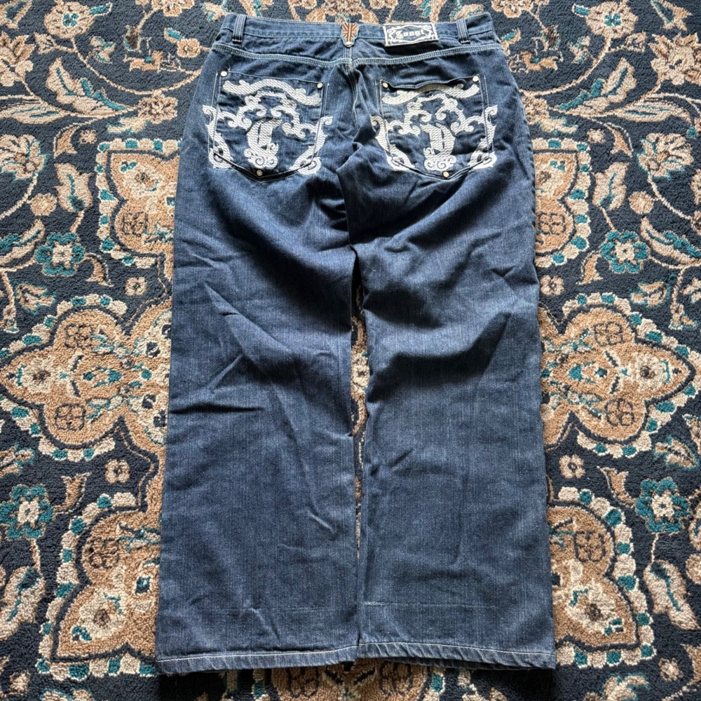 COOGI Denim Jeans Blue Wide Leg Embroidered Back Pocket Y2K Hip Hop